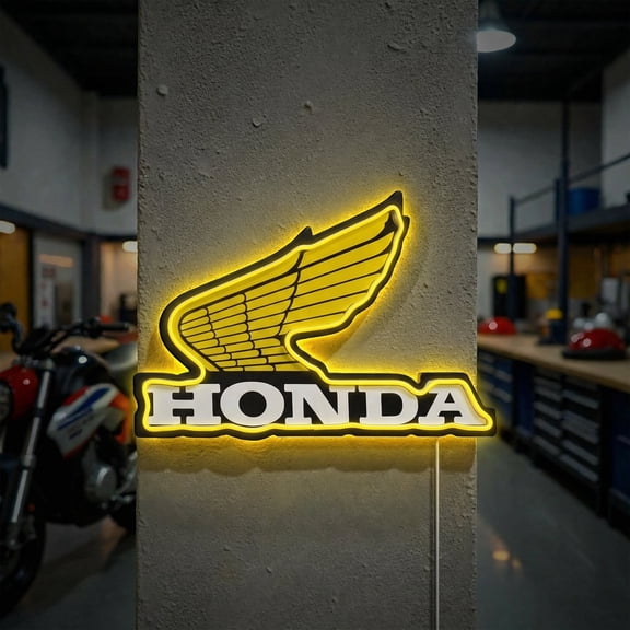 American Art Decor Honda Wing LED Plaque Sign - Retro Lighted Wall Decor for Man Cave, Garage, Workshop & Game Room - Classic Motorcycle Yellow Neon-Style Sign
