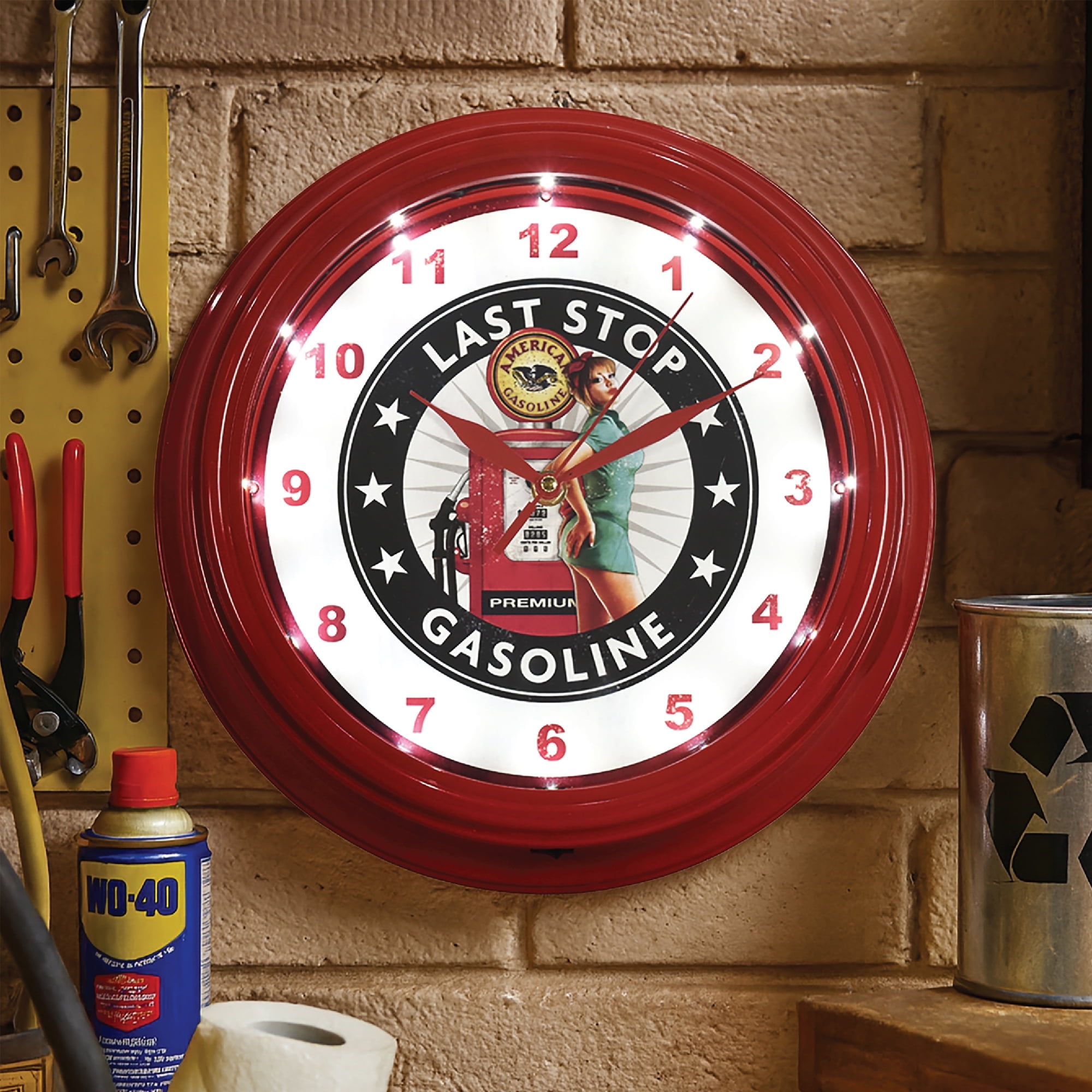 American Art Decor Last Stop Gasoline Pinup Girl LED Clock - 12" Wall Mounted American Gasoline Wall Decor - Wall Clock for Living Room, Dorm, Mancave, Garage, Office, Game Room (Red/White/Black)