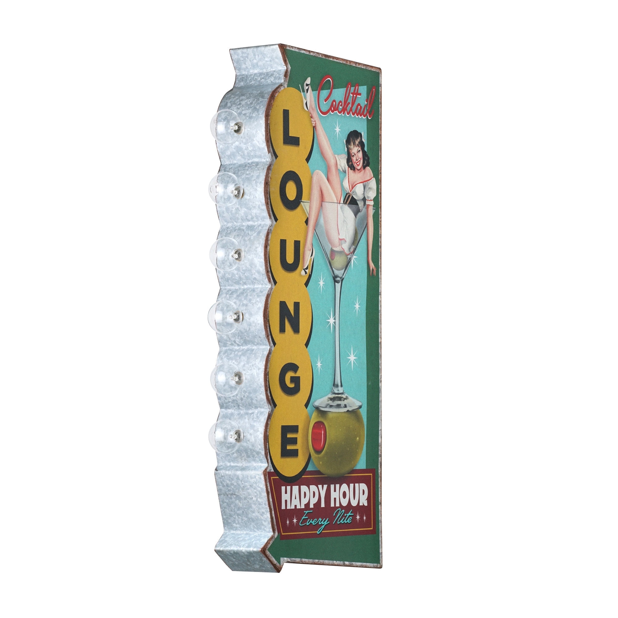Vintage Metal LED Cocktail Lounge Happy Hour Sign with Galvanized Finish