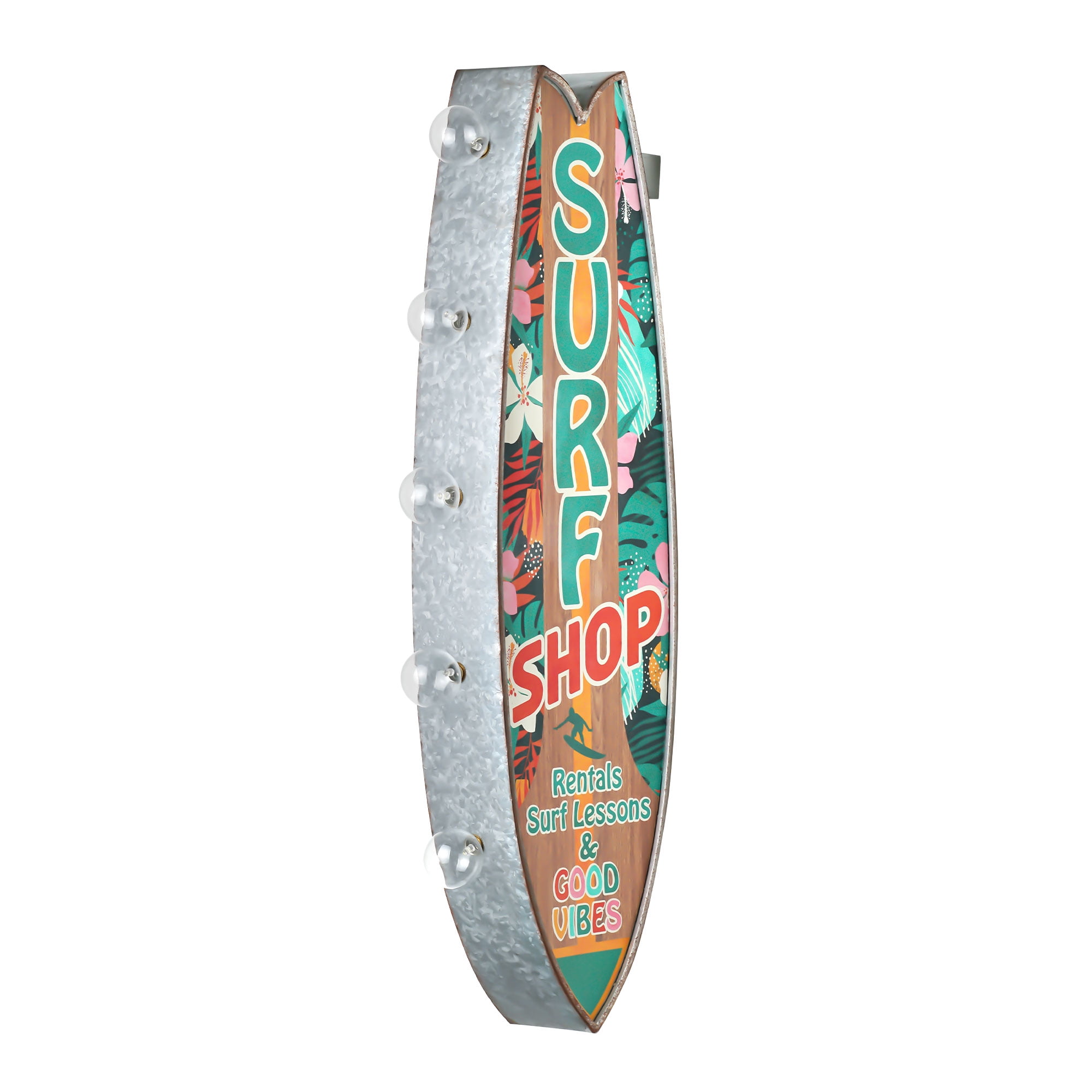 Vintage Metal LED Surf Shop Sign with Tropical Print