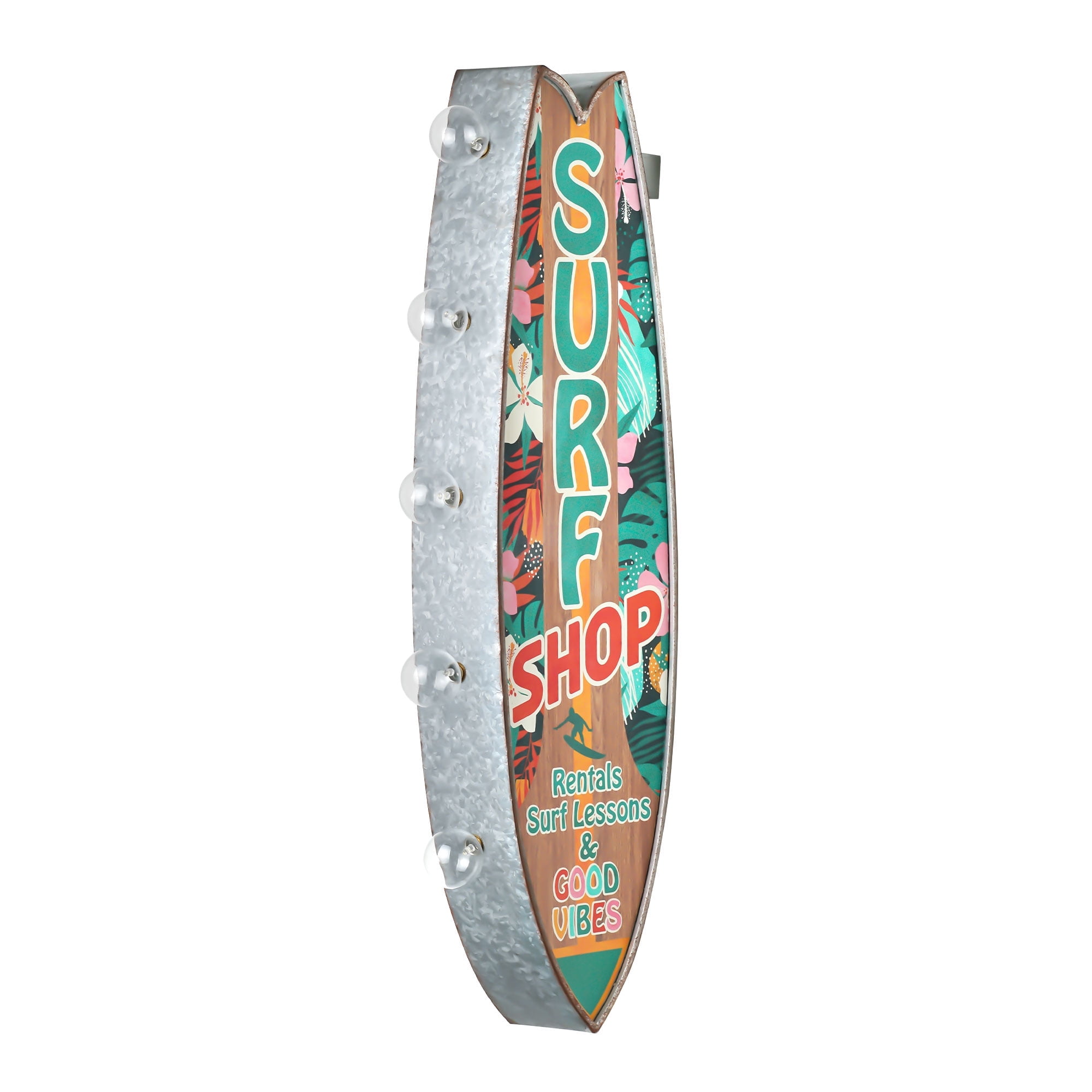 Vintage Metal LED Surf Shop Sign with Tropical Print