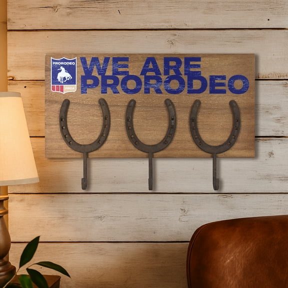 American Art Decor Metal Wall Decor - Pro Rodeo Horseshoe Hanger, Rustic Western Wall Art with Farmhouse Frame, Cowboy Country Home Decor & Rodeo Wall Accent with 3 Horseshoe Hooks