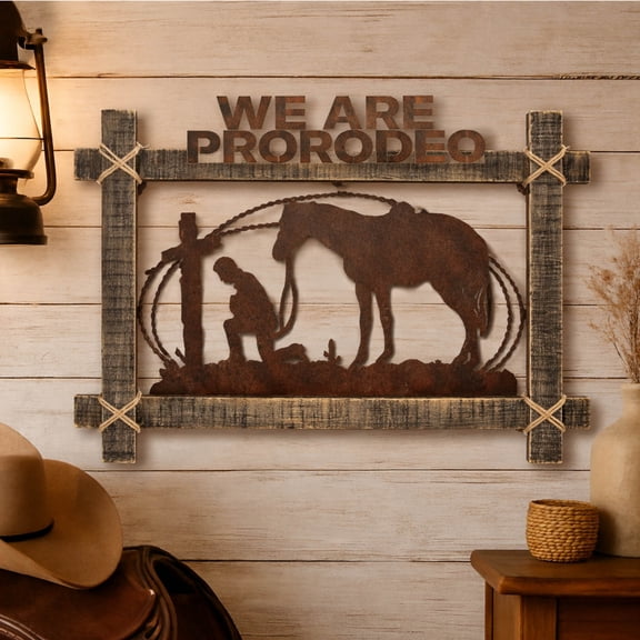 American Art Decor Metal & Wood Wall Art - "We Are ProRodeo" Cowboy Silhouette Western Wall Decor, Rustic Framed Rodeo Metal Artwork for Farmhouse, Country, and Western Home Decor