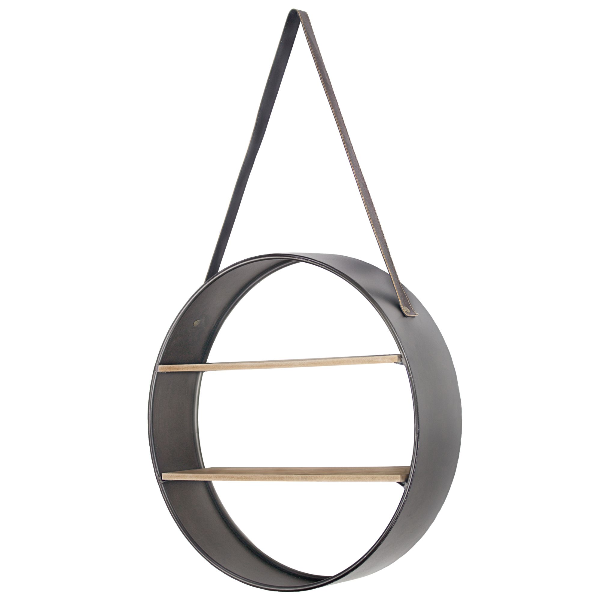 American Art Decor Metal and Wood Round Hanging Wall Shelf with Strap (33" x 19) - image 1 of 8