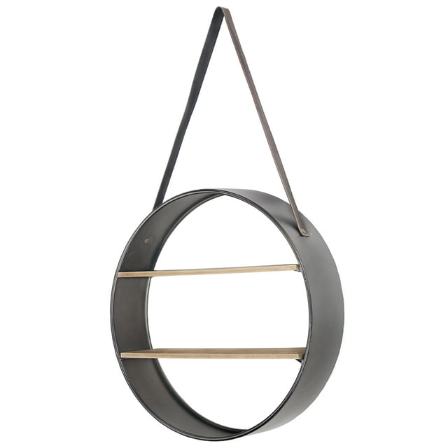 American Art Decor Metal and Wood Round Hanging Wall Shelf with Strap (33" x 19)