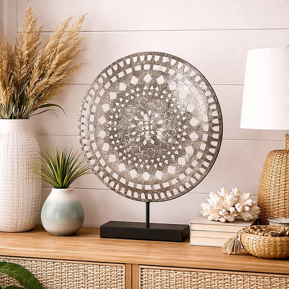 American Art Decor Metallic Silver Contemporary Metal Mandala Medallion Round Tabletop Art Sculpture - 18.75" H x 16" L x 2.9" D
