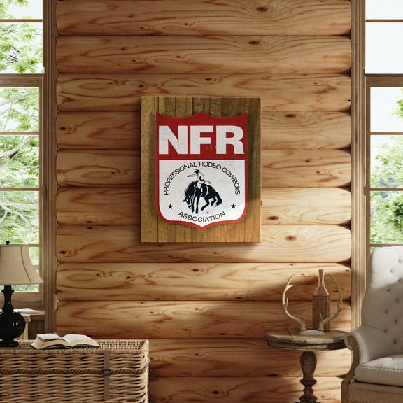 American Art Decor NFR Professional Rodeo Cowboys Association LED Shield Sign - Western Farmhouse and Cowboy Chic Metal & Wood Wall Decor for Living Room, Bar and Outdoors