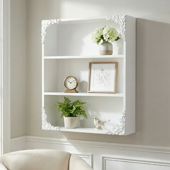 American Art Decor Ornate Floral 3Tier Decorative Vintage Wall Mounted Bookcase Shelf Storage Organizer - White
