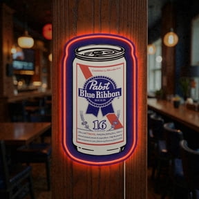 American Art Decor Pabst Blue Ribbon Can LED Plaque Sign - Retro Beer Lighted Wall Decor for Man Cave, Garage, Bar & Game Room - Red Neon-Style Beer Sign