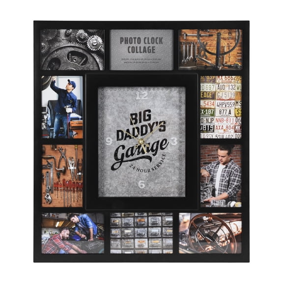 Black Picture Frame 19.25x 21.5" Big Daddy's Garage Collage Wall Clock - 10 Photo Display Slots, Man Cave Decor for Living Room, Bedroom