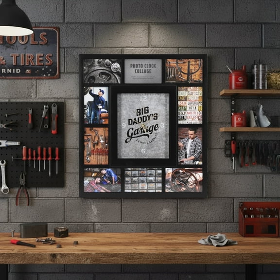 American Art Decor Picture Frame Collage Clock - 10 Photo Display Slots - "Big Daddy's Garage" Wall Mounted Modern Wall Decor - Wall Clock for Living Room, Bedroom (Black, 19.25"x 21.5")