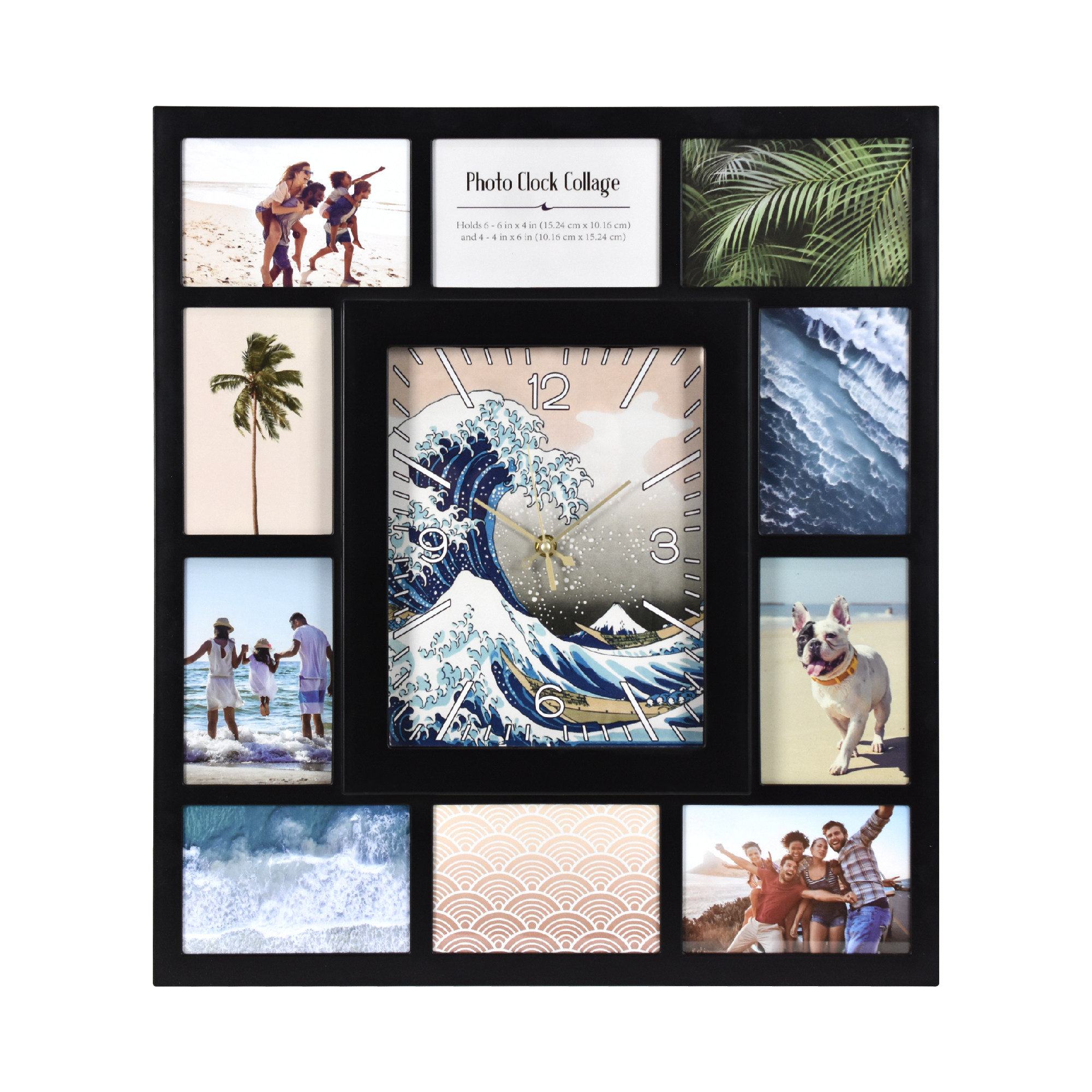Great Wave Black Picture Frame Photo Collage Wall Clock - 10 Slots, Family Decor for Living Room Entryway Hallway Bedroom 19.25x21.5"