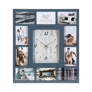 Blue Picture Frame 19.25x 21.5 Collage Wall Clock - 10 Photo Slots, Coastal Modern Decor for Living Room Entryway, Bedroom, Kitchen