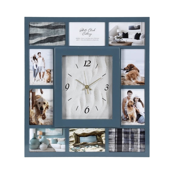 Blue Picture Frame 19.25x 21.5" Collage Wall Clock - 10 Photo Slots, Coastal Modern Decor for Living Room Entryway, Bedroom, Kitchen