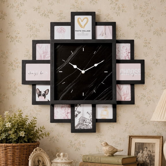 Black Marble 20" x 20" Photo Collage Wall Clock, Black Farmhouse Picture Frame Holds 12 Photos, Battery Operated Family Memory Display for Nursery, Baby Room, Kids Bedroom, Living Room & Wall Decor