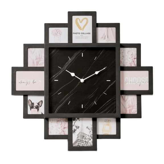 American Art Decor Picture Frame Collage Clock 12 Photo Display Slots Black, 20" x 20"