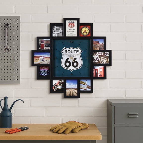 American Art Decor Picture Frame Collage Clock - 12 Photo Display Slots - Wall Mounted Modern Wall Decor - Wall Clock for Living Room, Bedroom, Garage, Mancave, Office (US Route 66, 20"x 20")