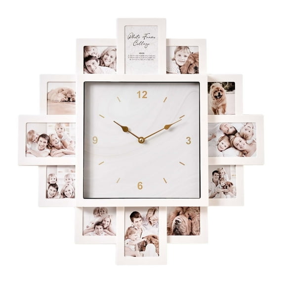 American Art Decor Picture Frame Collage Clock 12 Photo Display Slots White, 20" x 20"