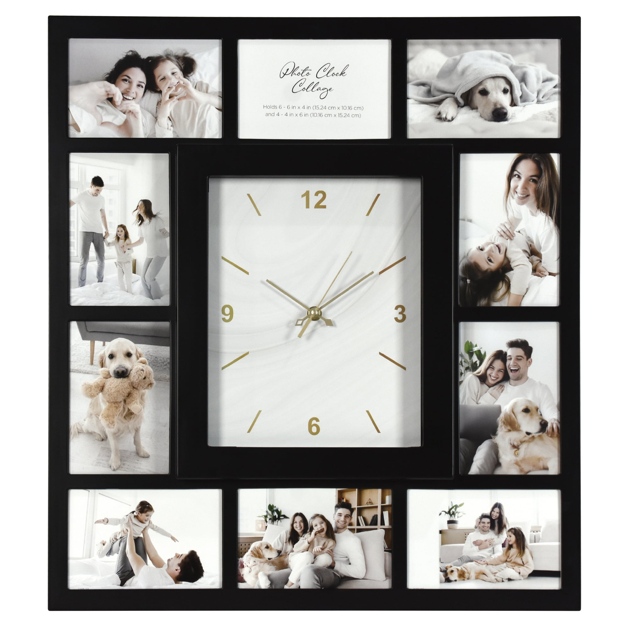 American Art Decor Picture Frame Collage Wall Clock - 10 Photo Display Slots (Black, 19.25"x 21.5")