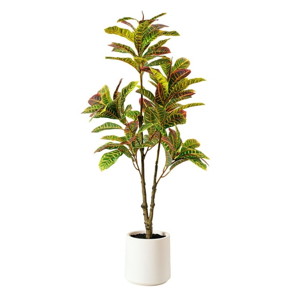 American Art Decor Realistic Artificial Croton Tree in a white pot Faux Plant for Home Decor, Indoor Living Room, or Office, 48"
