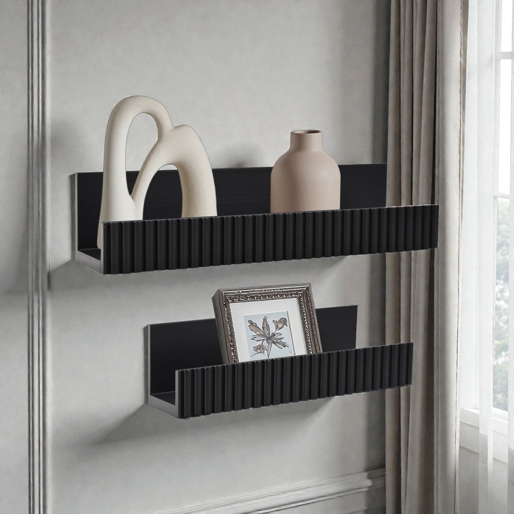 American Art Decor Ribbed 2-Piece Floating Wall Shelf Set, Black Shabby ...