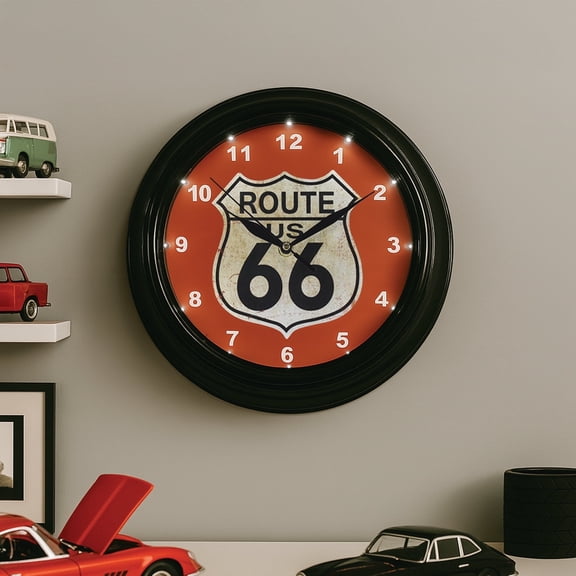 American Art Decor Route 66 LED Wall Clock - 12" Vintage Americana Modern Decor, Battery‑Operated Quartz, Retro Shield for Living Room, Garage, Mancave, Office (Red/Off‑White/Black)
