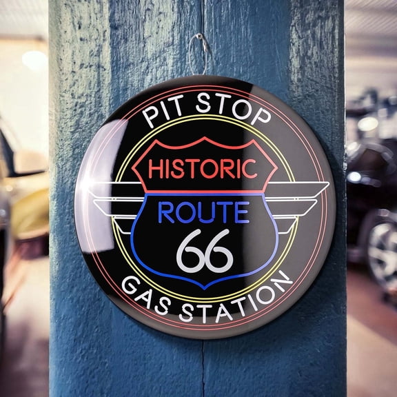 American Art Decor Route 66 Pit Stop Gas Station Metal Wall Art 15" – Lightweight & Easy-to-Hang Route 66 Emblem Car Wall Decor for Man Caves, Garages, & Vintage Rooms – Classic Route 66 Sign