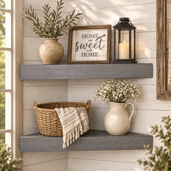 American Art Decor Rustic Wood Floating Corner Shelves - Grey - Set of 2
