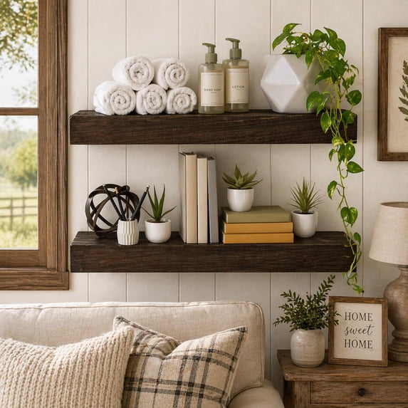 American Art Decor Rustic Wood Floating Wall Shelf – Grey (Large)