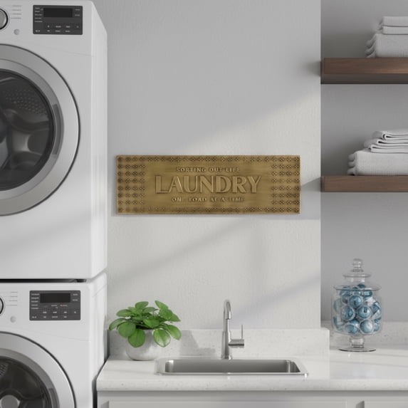 American Art Decor "Sorting Out Life One Load At A Time" Antique Brass Metal Sign - Rustic Farmhouse Laundry Room Wall Decor, Embossed Metal Wall Art Plaque for Laundry Room, Housewarming Gift