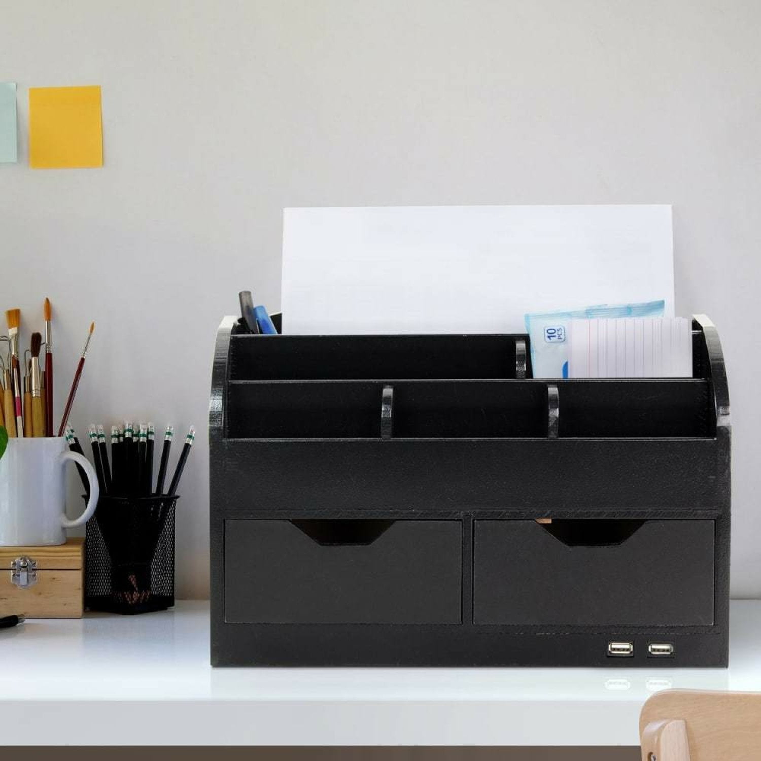 American Art Decor Space Saving Desk Organizer Pen Storage with Drawers & USB Port for Charging - Black Accessory Set