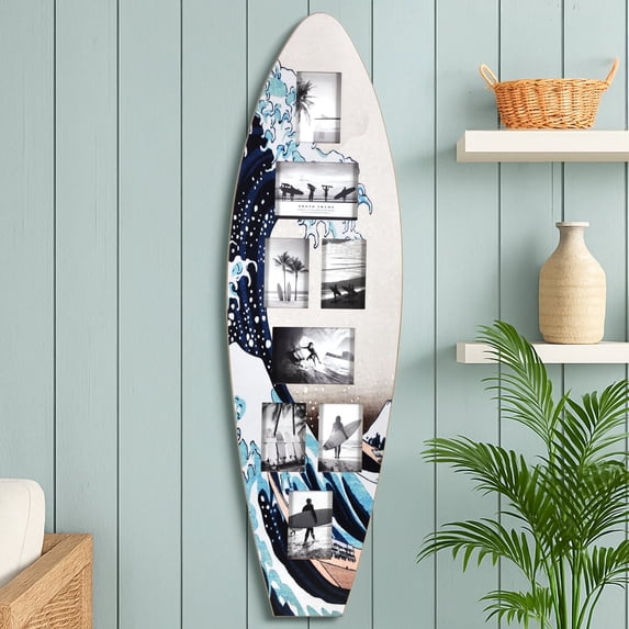 American Art Decor Surfboard Photo Collage Wall Decor - Coastal Surfboard Picture Frame, Beach Wall Decor for Home & Bathroom, Holds 8 Photos, Great Wave Off Kanagawa Navy/Blue/Off-White 48" × 14"