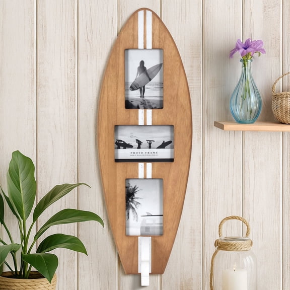 American Art Decor Surfboard Photo Collage Wall Decor - Coastal Surfboard Picture Frame with Clothes-Hanger Rack, Beach Wall Art, Holds 3 Photos, Wood/White 25" × 9"