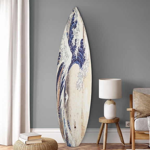 American Art Decor The Great Wave off Kanagawa Wood Surfboard Plaque Wall Decor Sign - 60 x 15