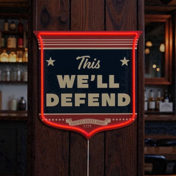 American Art Decor “This We’ll Defend” Army LED Plaque Sign - Retro Lighted Wall Decor for Man Cave, Office, Garage & Game Room - Red Neon-Style Military Sign