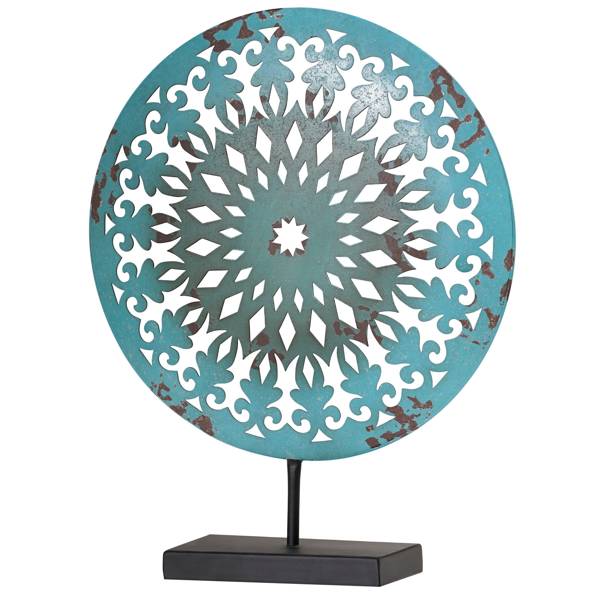 American Art Decor Turquoise Blue Rustic Antique Distressed Metal Mandala Medallion Round Tabletop Art Sculpture - 15" H x 12" L x 3" D