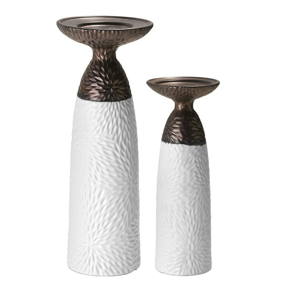 American Art Decor Minimalist Porcelain Tabletop Pillar Candle Holder 2 Piece Set, White and Bronze