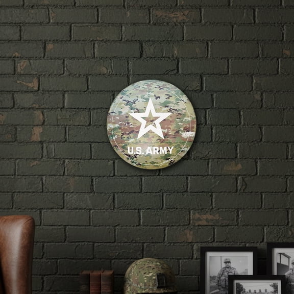 American Art Decor U.S. Army Dome Metal Wall Art Sign 15 Inch Camo Military Decor Round Metal Sign for Garage, Man Cave, Living Room, Den, Workshop, Recruiters Office