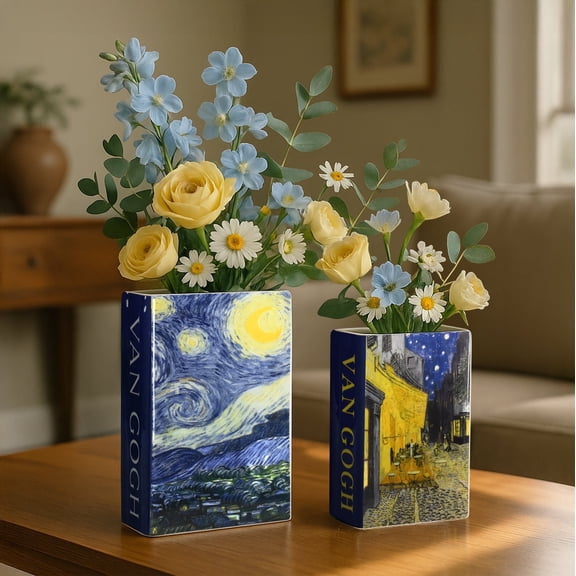 American Art Decor Van Gogh "Starry Night" & "Cafe Terrace at Night" Ceramic Book Vase Set - Decorative Tabletop Organizer Home Decor, Art Lover Gift, Bookish Storage Accent 2pc Set