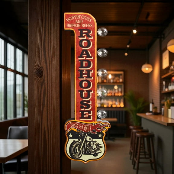 American Art Decor Vintage Advertising 'Roadhouse Bar & Grill' Double-Sided LED Metal Sign for Man Cave, Brewery, Game Room, Bar - Retro Marquee Wall Decor with Battery-Powered Lights