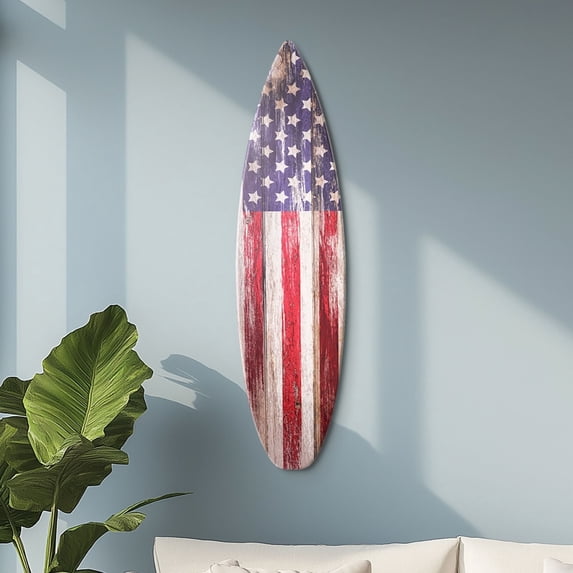 American Art Decor Vintage Americana Flag Surfboard Wall Art Plaque Decor Sign for Living Room, Bedroom, Garage, Man Cave - 60"x15"