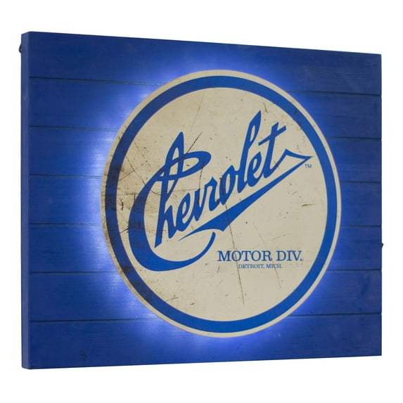 American Art Decor Vintage Chevrolet Motors Metal Backlit LED Sign Wall Decor for Man Cave, Bar, Garage – Battery-Operated (15” x 18" x 2")