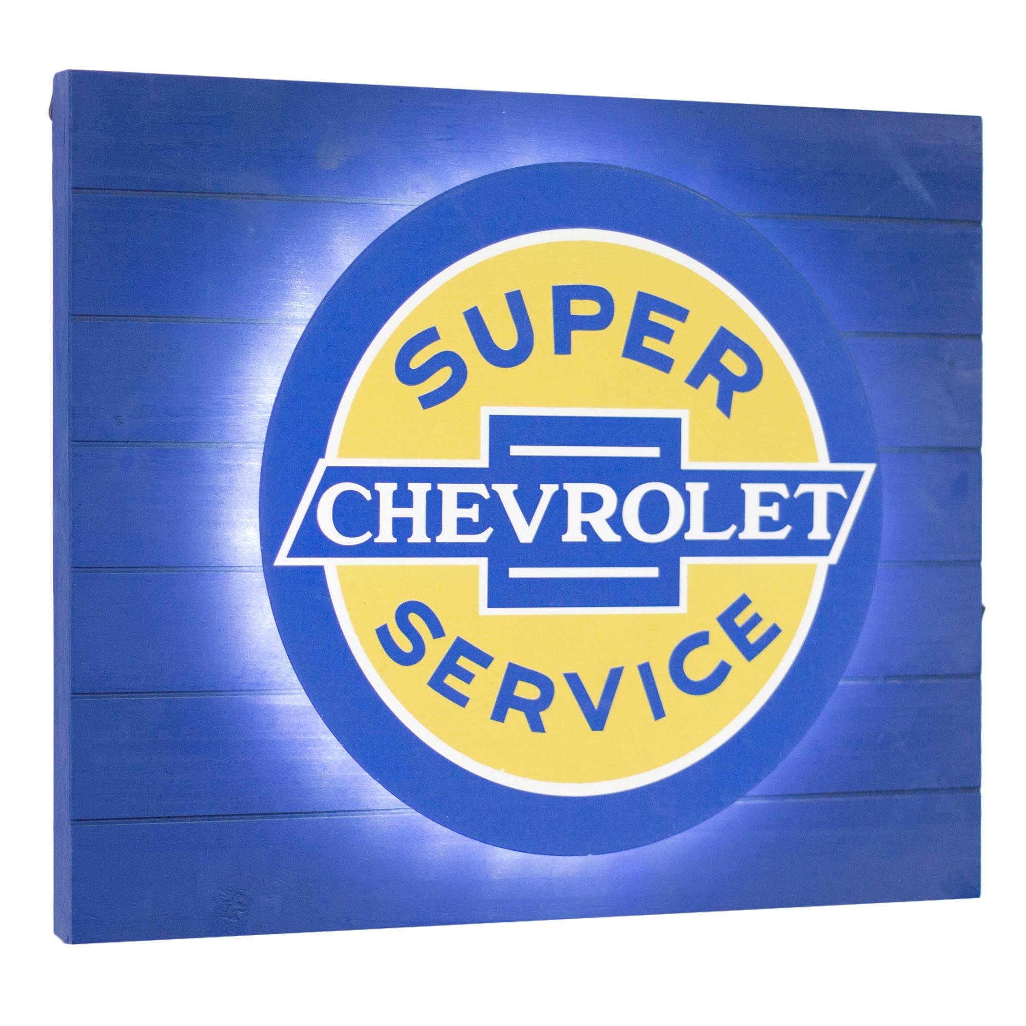 Vintage Chevrolet Super Service Blue and Yellow Metal LED Sign