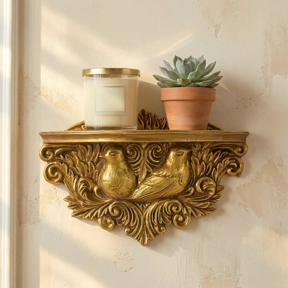 American Art Decor Vintage Ornate Resin Birds Manor Baroque Scroll Accent Floating Wall Mounted Shelf - Antique Gold