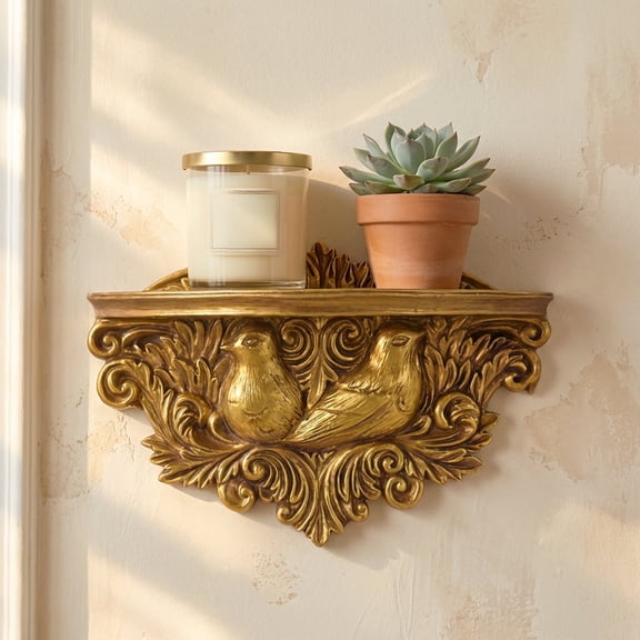 American Art Decor Vintage Ornate Resin Birds Manor Baroque Scroll Accent Floating Wall Mounted Shelf - Antique Gold