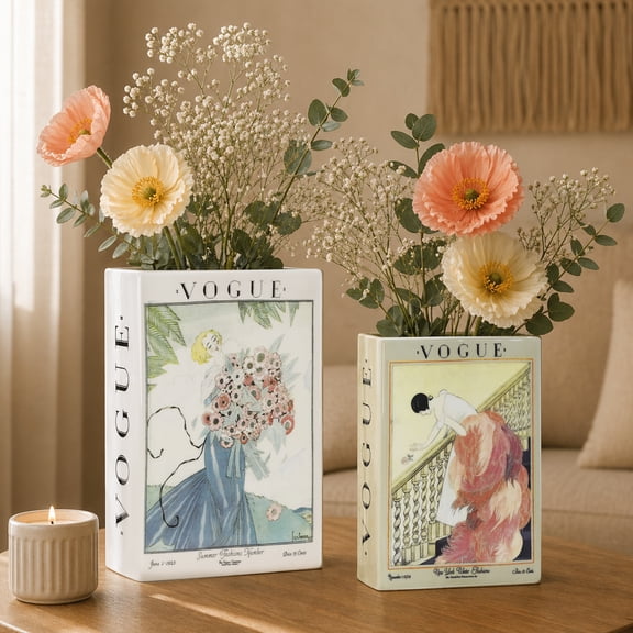 American Art Decor Vintage Vogue Magazine Ceramic Book Vase Set, 2pc Tabletop Vases for Bibliophiles & Fashionistas - Bookish Flower Vase for Book Lovers, Storage Organizer, Fall Decor Gifts