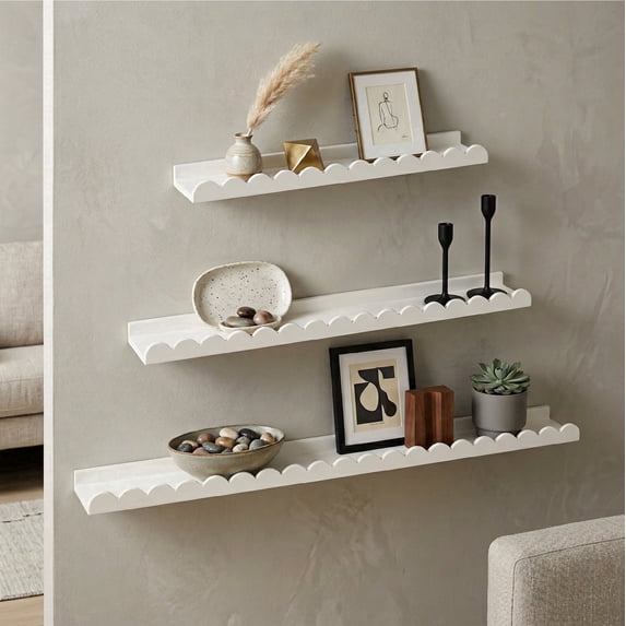 American Art Decor White Scallop Floating Wall Shelf Set of 3, Wood Picture Ledge Shelves with Lip, Shabby Chic Decorative Wall Shelves for Nursery, Gallery, Bathroom & Living Room Decor