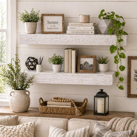 American Art Decor Whitewashed Wood Floating Wall Shelf - Small