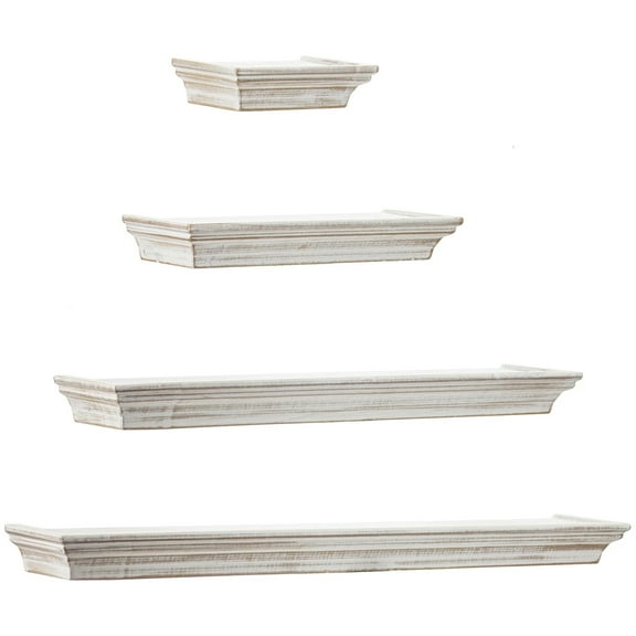 American Art Decor Whitewashed Wood Floating Wall Shelves with Crown Molding - White - Set of 4