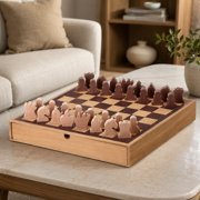 American Art Decor Wood Chess & Checkers Board Game Set with Drawer Tabletop Decor - 16 x 16 x 2.5